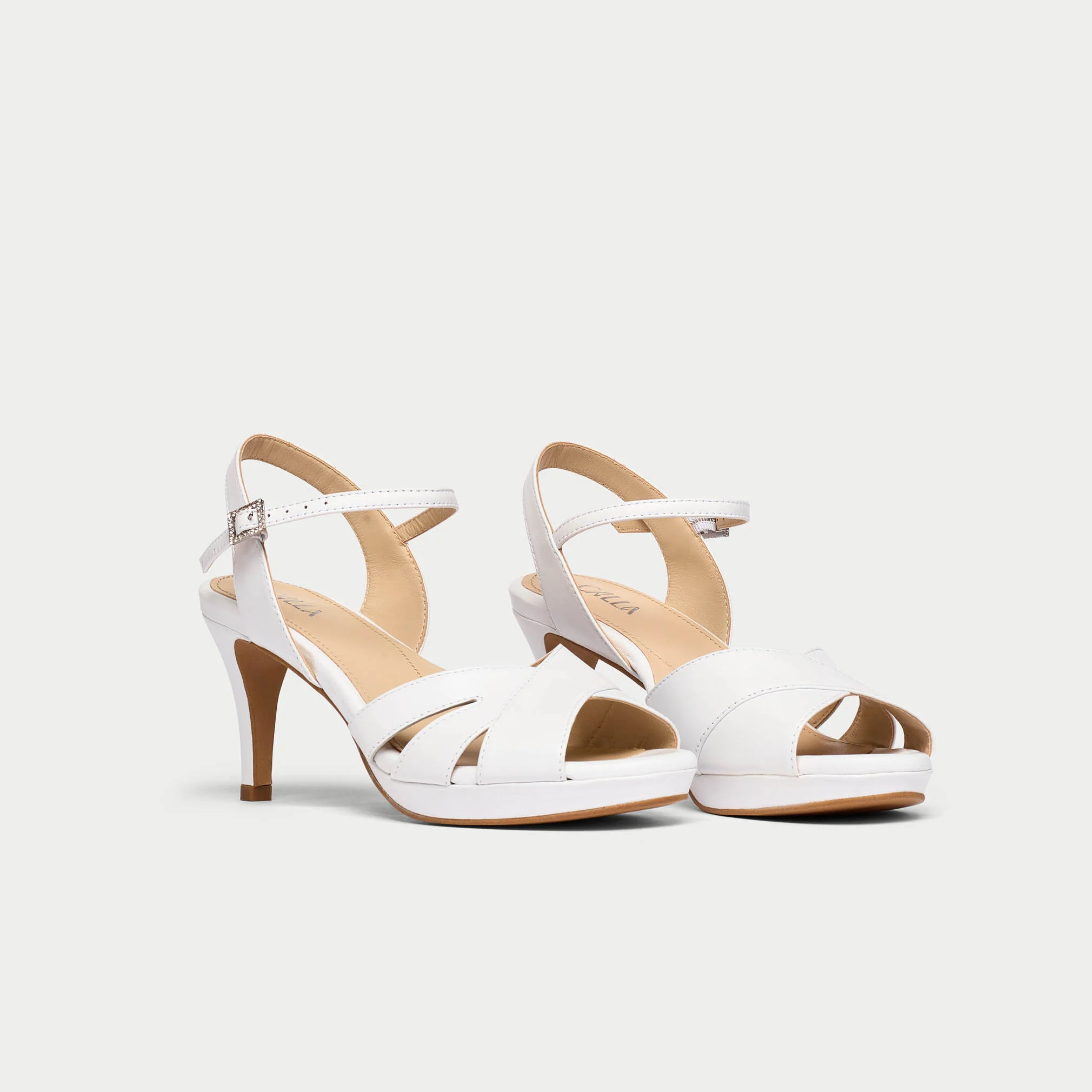 Emily - White Leather Heeled Sandals with Diamante Buckle - Image 3