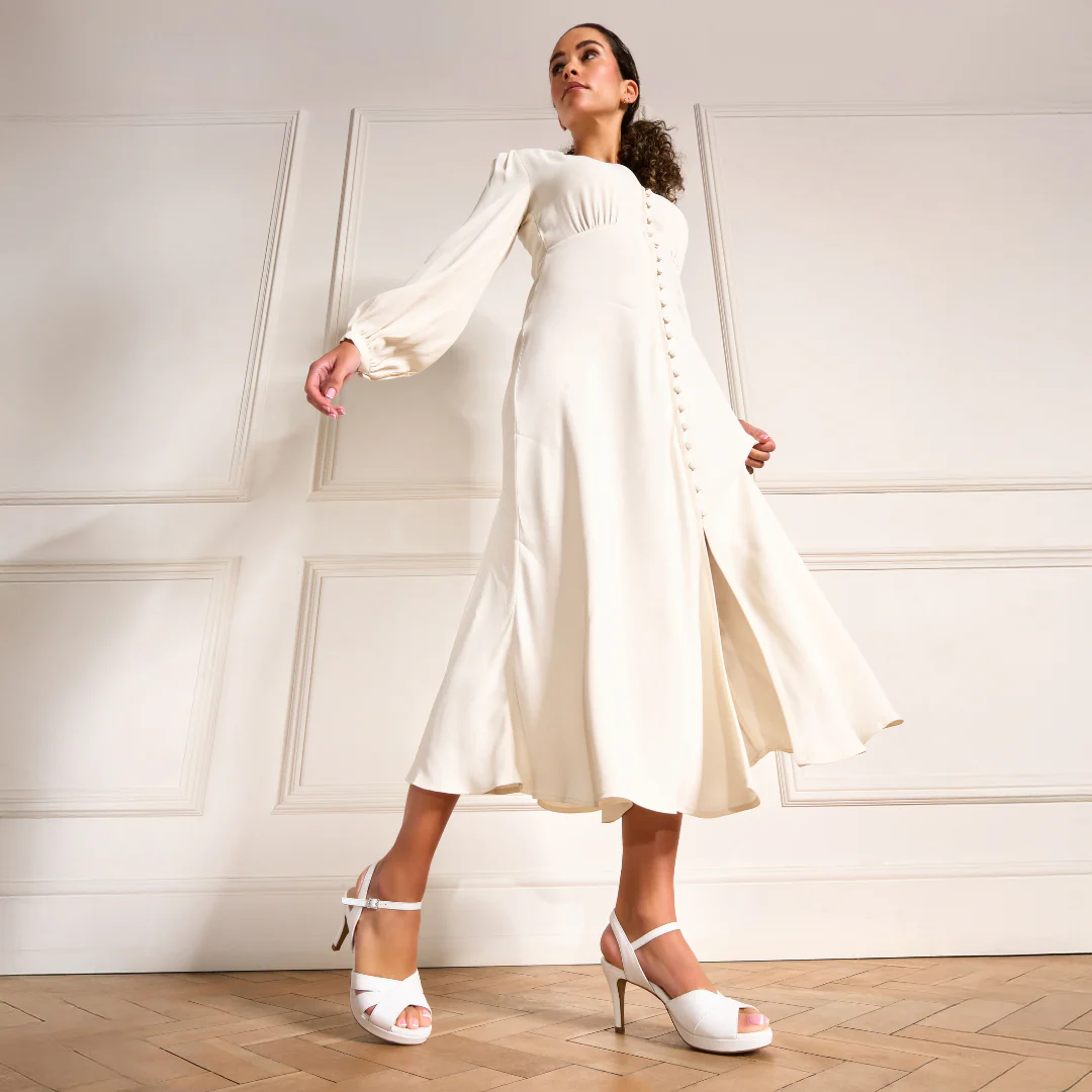 Emily - White Leather Heeled Sandals with Diamante Buckle - Image 5