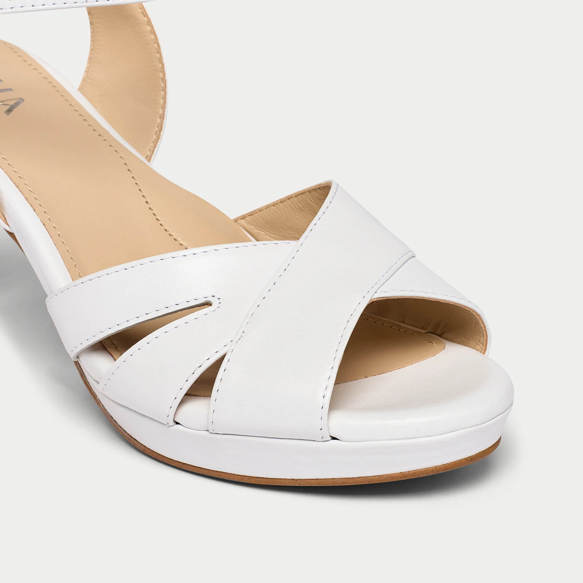 Emily - White Leather Heeled Sandals with Diamante Buckle - Image 7
