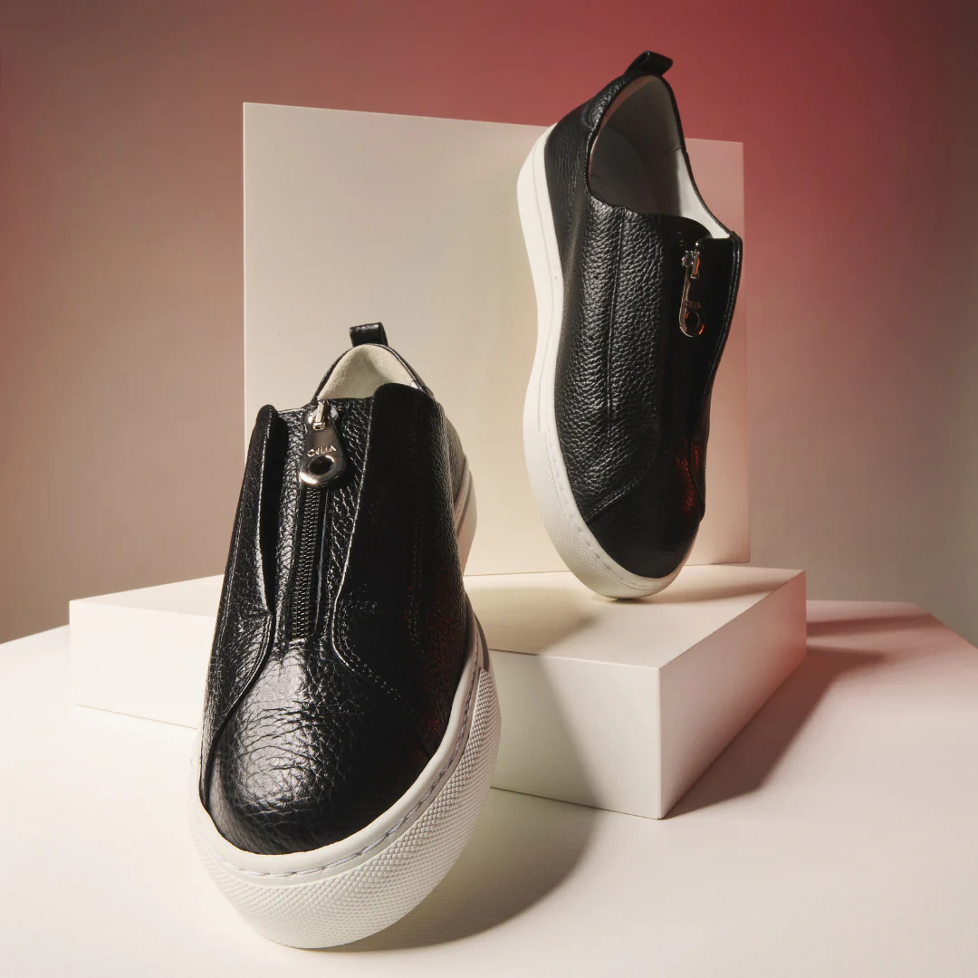 Estella - Black Leather Zip-Up Wide Fit Trainers - Image 8