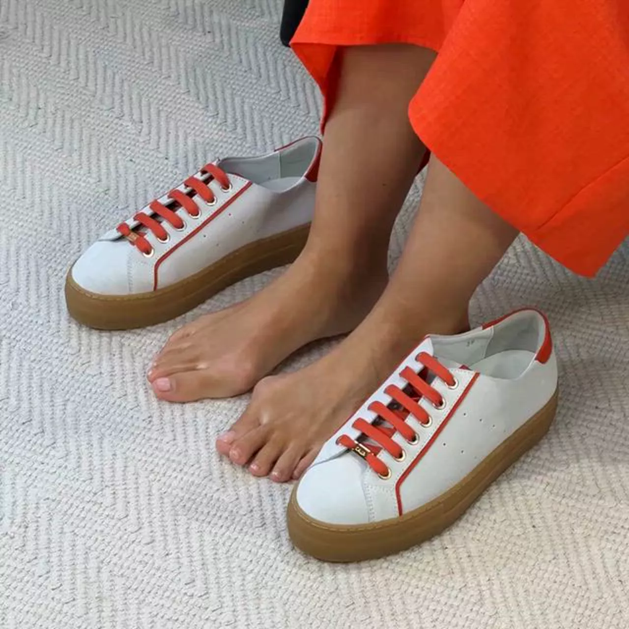 Saturn - Cream & Orange Suede Wide Fit Trainers - Image 3